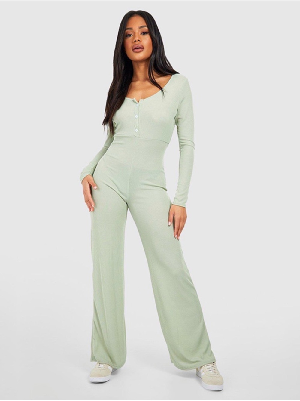 NWT- Boohoo Sage Green Ribbed Button jumpsuit - 4